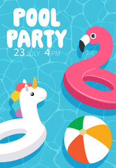 Pool party invitation pink inflatable flamingo unicorn swimming ring flat style.