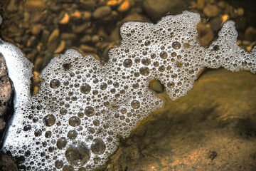 Foam bubbles in white colour in a pond