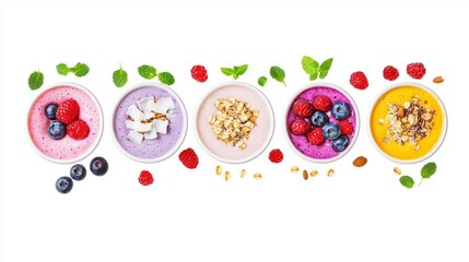Colorful bowls of smoothie topped with fresh berries, nuts, and mint leaves, perfect for healthy living.