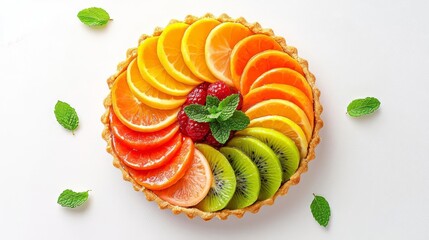 A beautifully arranged fruit tart showcasing vibrant slices of citrus and berries, garnished with fresh mint.