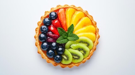Delicious fruit tart topped with vibrant fresh fruits and mint, perfect for dessert lovers and healthy indulgence.