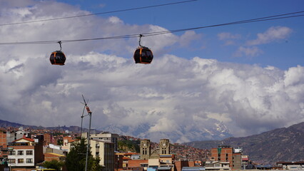 Aerial views of La Paz, Bolivia featuring the cable car system, city sprawl, and majestic snow-capped Andes mountains in the background.