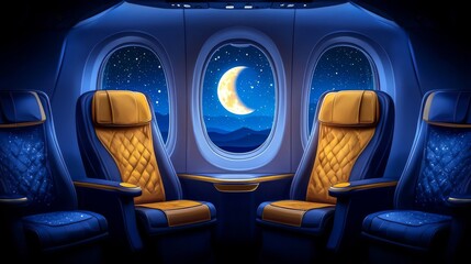 Cozy airplane seats with a moonlit window view, perfect for travel enthusiasts dreaming of their next journey.