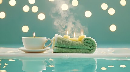 A tranquil spa setting featuring a warm cup of tea, rolled towels, and soft candlelight, perfect for relaxation.