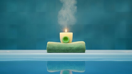 A serene spa setting featuring a lit candle and a soft towel, creating a relaxing atmosphere by the water.