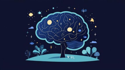 A whimsical illustration of a brain tree surrounded by stars and plants, representing creativity and imagination.