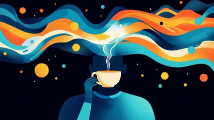 A colorful illustration of a person enjoying a hot beverage, symbolizing creativity and inspiration.