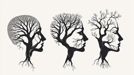 Illustration showing profiles merging with trees, representing the connection between nature and human thought.