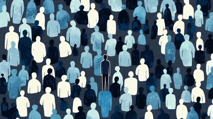 An abstract depiction of individuality amidst a crowd, illustrating themes of isolation and social connection.