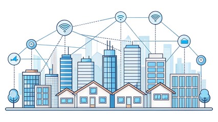 Obraz premium Smart city network connecting homes and buildings with wireless IoT technology, innovation, and digital urban planning.