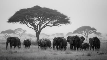 Many elephants with a dark tree in the background