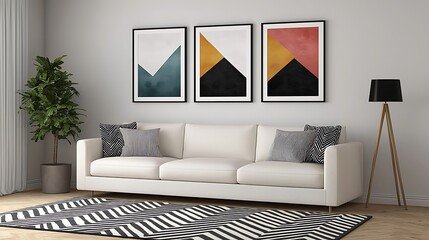 Elegant living space featuring modern geometric wall art, a comfortable couch, patterned rug and stylish decor.