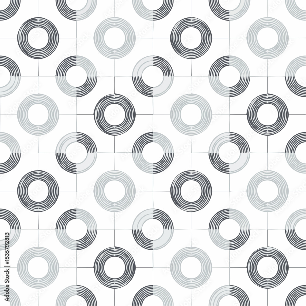 Poster gray scale circles arranged in a grid pattern with circular pattern accents creating a seamless back