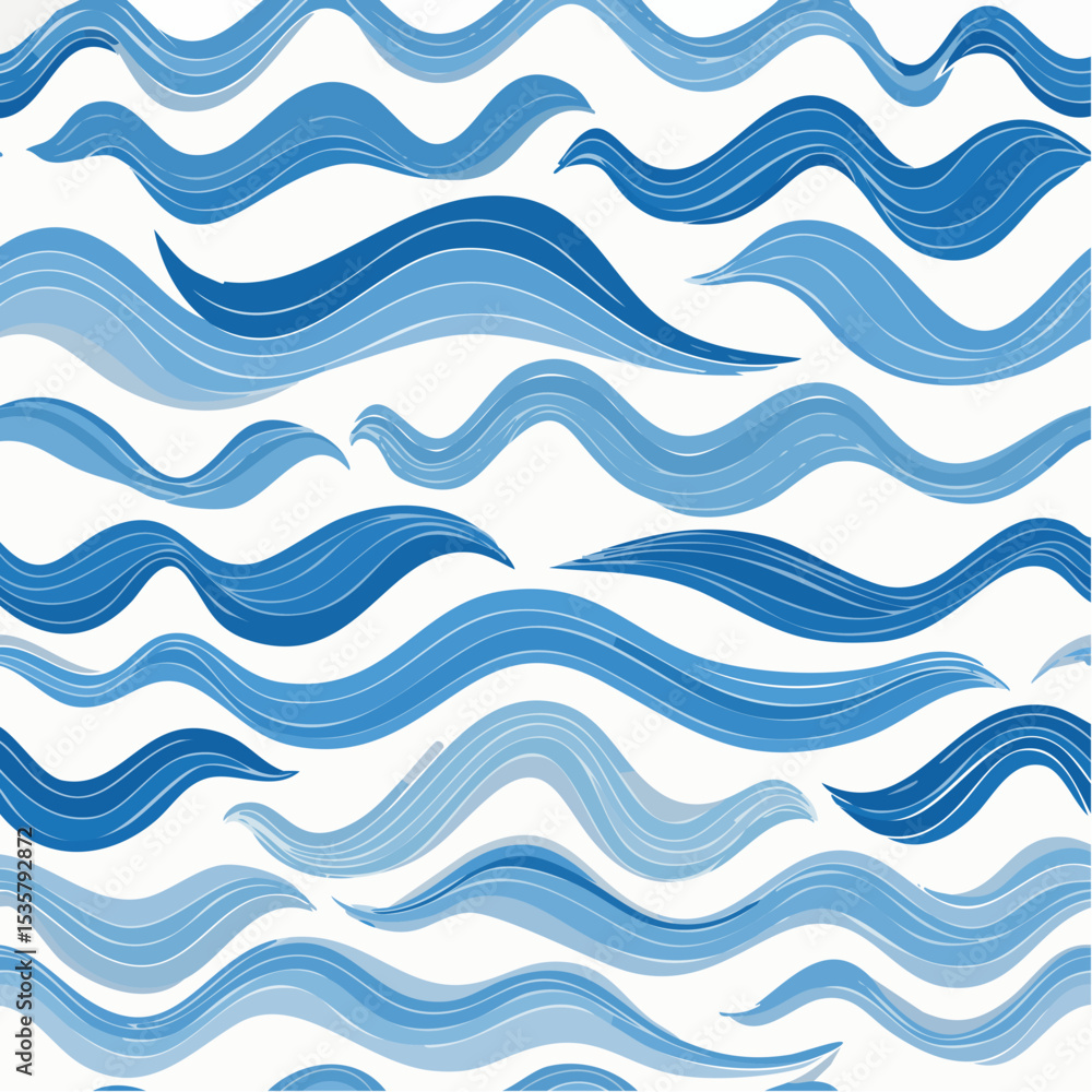 Poster seamless pattern of wavy blue lines on white background abstract ocean waves minimalist vector desig