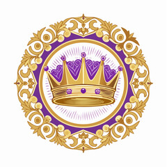 Royal gold crown in ornate purple and gold frame with rays of light for royalty or elegance