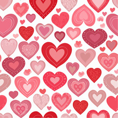 Valentine's Day background with hearts in shades of red and pink on white surface forming a repeating pattern.