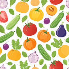 Colorful vector pattern with fresh seasonal vegetables and fruits flat style illustration