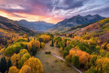 Autumn valley with mountains on white background