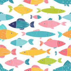 Colorful Fish Seamless Pattern Design, Cute Hand-Drawn Marine Life Illustration