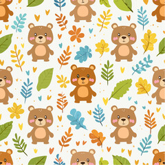 Cute cartoon bear pattern with leaves and hearts for textile designs and children's apparel, Seamless woodland animal theme, repeating background for kids craft projects
