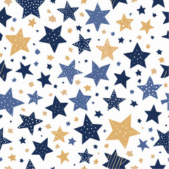 Whimsical star pattern vector illustration in navy, gold and blue with white background suitable for fabrics and paper products