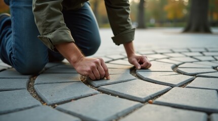 An intimate view of a worker focused on adjusting the position of a curved paving stone which fits into a circular pattern. The surrounding environment is softly blurred 