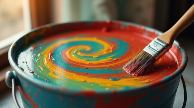 A medium closeup of a paint mixing station with vibrant pigments swirling together in a large bucket highlighting the preparation phase of the coating process.