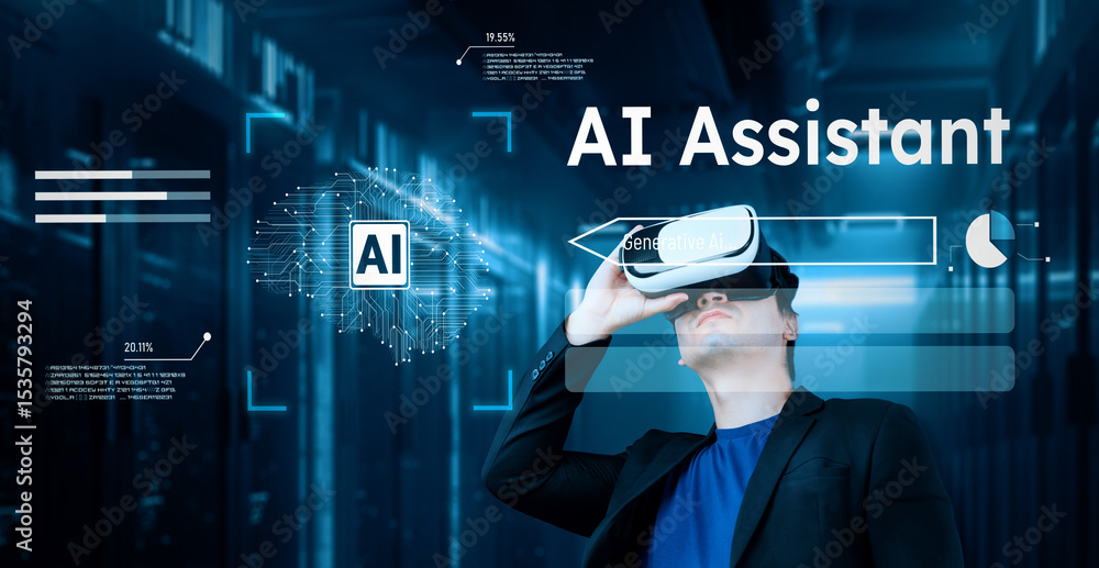 Poster businessman with headset standing at data center while using ai assistance. project manager looking 