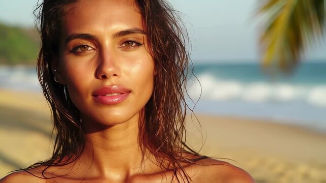 Closeup of a beautiful young adult woman with tanned skin and damp hair, looking directly into the lens.