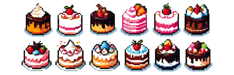 Set of collection of Birthday Cakes in Pixel Art Retro Game Style – Whole & Sliced Variants, Centered on White Background, No Shadows