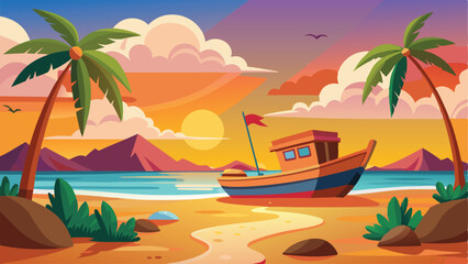 Cartoon Beach Scene With Boat, Palm Trees, Sunset, Mountains, and Tropical Vegetation