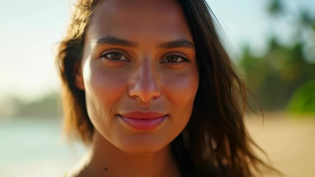 Close-up portrait of a serene young adult woman looking thoughtfully then directly at camera with a gentle smile. Her sun-kissed skin glows on a beautiful, blurred beach background. Static shot.