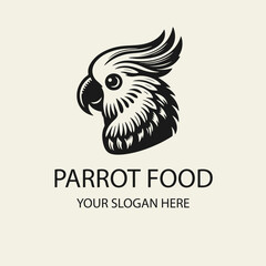 Black and white flat vector logo of a cockatoo parrot for bird food branding. Minimal, clean, and tropical design for packaging, label, or pet product identity.