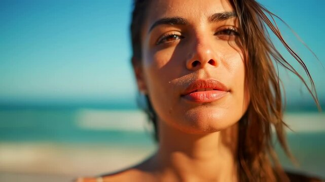 A young adult woman's sun-kissed face is featured in an intimate close-up, her damp hair framing her features.