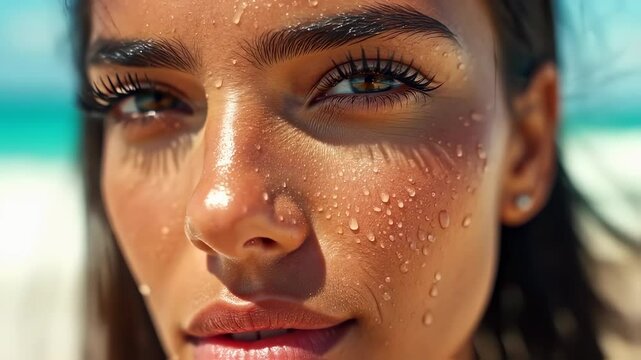 A woman's face in an extreme close-up, her sun-kissed skin adorned with shimmering water droplets. Bright, natural light highlights her features, with a soft-focus beach scene in the background.
