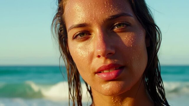 An intimate extreme close-up captures a beautiful young woman with damp hair and dewy skin. She looks alluringly at the viewer, her sun-kissed features highlighted against a soft-focus beach scene.