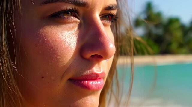 A radiant young woman's profile in an intimate extreme close-up, showcasing glistening perspiration on her sunlit skin. A dreamy, blurred backdrop of a sandy beach and azure sea completes the scene.