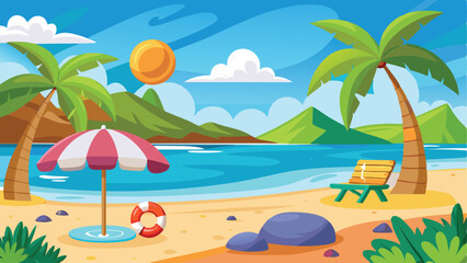 Cartoon Tropical Beach Scene with Palm Trees, Umbrella, Deck Chair and Lifebuoy