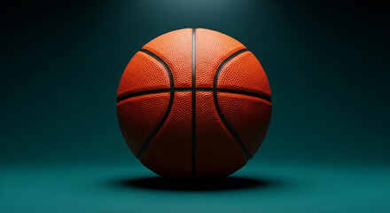 Orange basketball on teal background, spotlight highlighting texture, symbolizes sport, competition, and fitness, perfect for sports themes