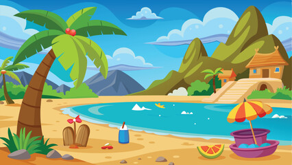 Cartoon Beach Scene with Palm Trees, Mountains, House, and Summer Relaxation Items