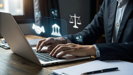 Hand holding holographic icons representing justice, law, and governance tools. Highlights legal systems, compliance, and balance of power.