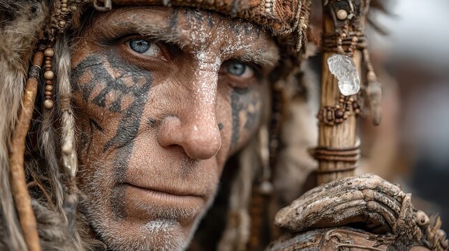 Close-up of a person with tribal face paint and traditional attire.