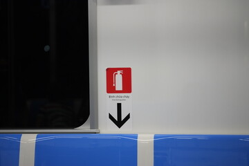 Fire Extinguisher Sign in Modern Metro Train, Vietnam Public Transport Safety