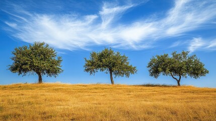 Three trees stand tall on a golden field under a vibrant blue sky.