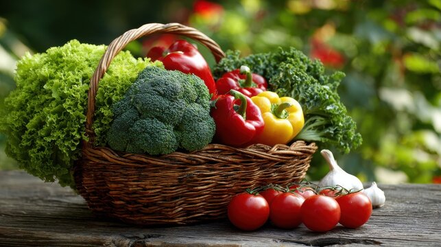 A wicker basket overflows with fresh vegetables including broccoli, peppers, lettuce, and tomatoes