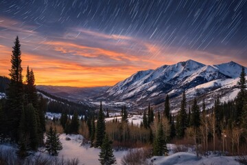 Mountain range winter star trail view on white background