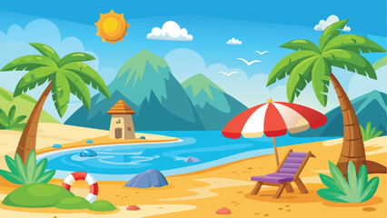 Cartoon Beach Scene with Palm Trees, Ocean, Mountains, Umbrella, and Birds Flying