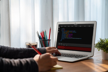 Software development programming on computer screen for modish application and program coding