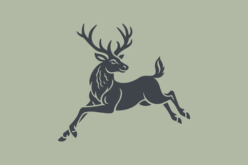 Jumping deer with antlers, vintage silhouette vector illustration