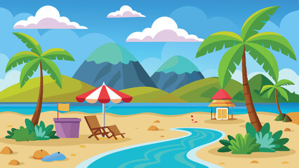 Cartoon Tropical Beach with Palm Trees, Mountains, Hut, Stream, Umbrella and Chair